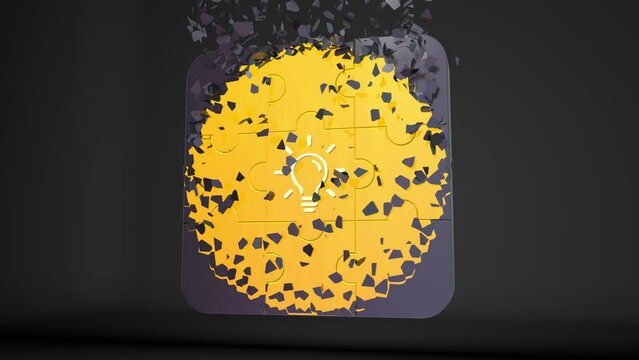 Golden puzzle piece with idea icon, complete the puzzle, light up and all the golden pieces are reve