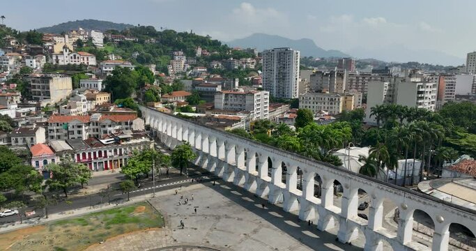 Aerial view of Carioca Aqueduct bridge and panorama of  Santa Teresa neighborhood in Rio de Janeiro, Brazil	