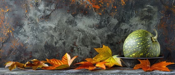   A cucumber rests atop an autumn-hued tablecloth, set against a muted gray backdrop and an unkempt brick wall