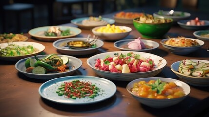 Top view of a wooden table featuring plates filled with an array of fresh vegetarian food. A nutritious and flavorful dining experience awaits.