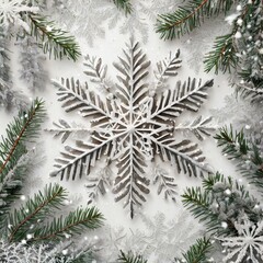 Simple white background, large snowflake in the center, surrounded by stylish branches