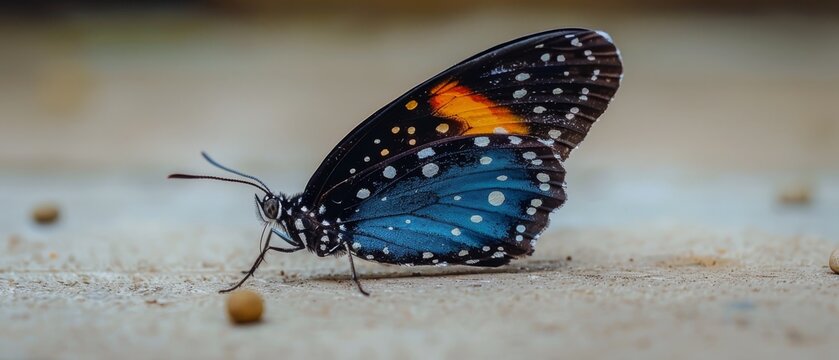   A close-up photo of a blue butterfly with orange and black wings on a sandy background, featuring tiny white dots on its wings