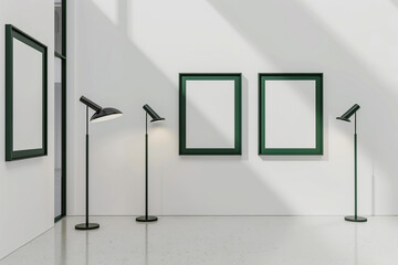 An avant-garde white art gallery with empty blank mock-up posters in dark green frames
