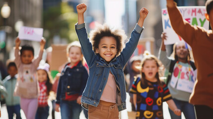 Fototapeta premium A group of children participating in a march with banners and signs advocating for children's rights, showcasing their activism and determination