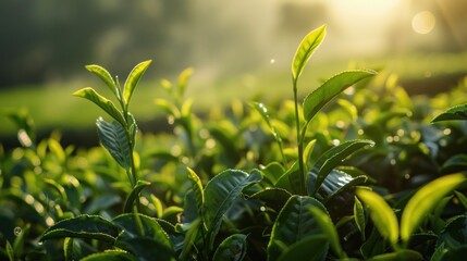 Obraz premium Close up of fresh green tea leaves sunlight background AI generated image