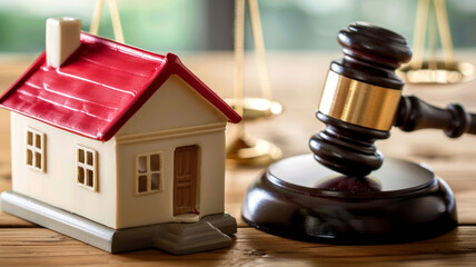 Auction or law concept. Miniature House on wooden table and judge gavel.