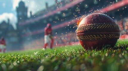 A cricket ball being fiercely hit by a bat, flying towards the boundary, with the fielders and crowd in a suspenseful blur, illustrating the power and excitement of cricket