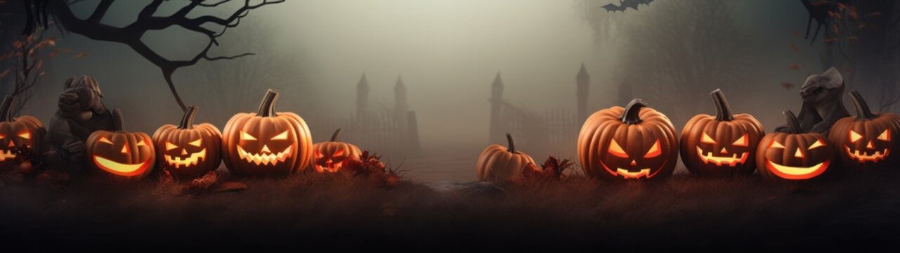 Halloween background with grinning pumpkins in a moonlit cemetery, creating a spooky, misty atmosphere.