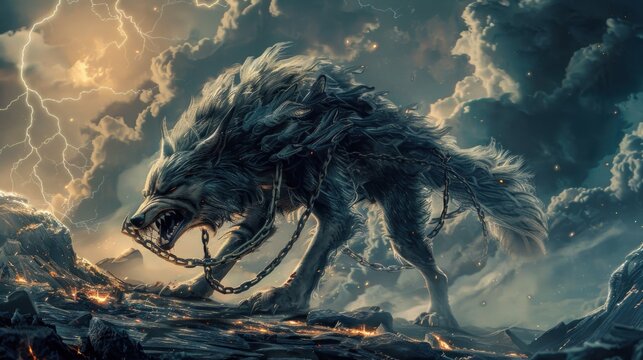 A large wolf monster on a chain that attack background wallpaper AI generated image