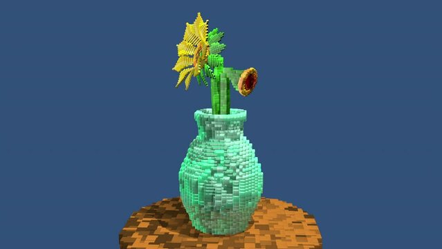 Three yellow sunflowers growing in a turquoise vase on round wooden table in pixel style