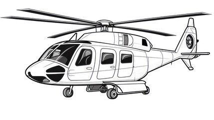 Transport-themed art: Coloring picture of a helicopter in flight, showcasing its powerful rotor and sleek profile.