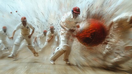 A cricket ball being fiercely hit by a bat, flying towards the boundary, with the fielders and crowd in a suspenseful blur, illustrating the power and excitement of cricket