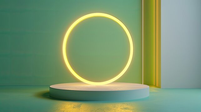 Pastel green round podium with plants, minimalistic wallpaper, illuminated with yellow light, background, copy space