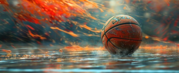 Focus on the intricate patterns of a basketball, with the hardwood court fading into a blur behind...