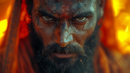 Obraz premium a close up of a man with a beard wearing a red cape and looking at the camera with a serious look on his face.