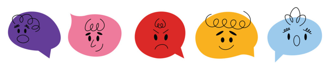 Speech bubble abstract comic faces with various Emotions. Crayon drawing style. Different colorful characters. Cartoon style. Flat design. Hand drawn trendy Vector illustration isolated on background