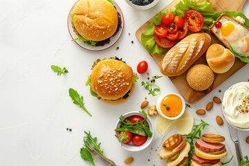 Delicious breakfast spread with cheeseburgers, fresh salad, bread rolls, soft-boiled eggs on white background. A diverse and appetizing flat lay. Copy space