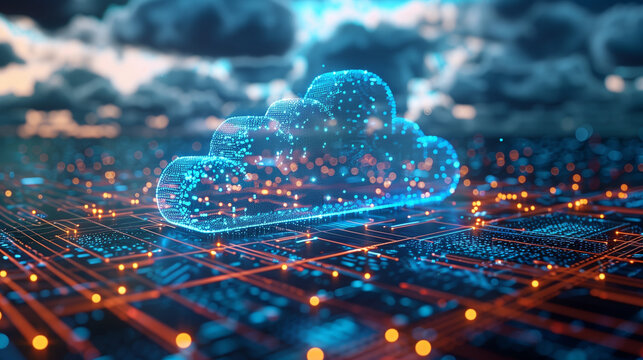 Futuristic cloud computing circuitry landscape.