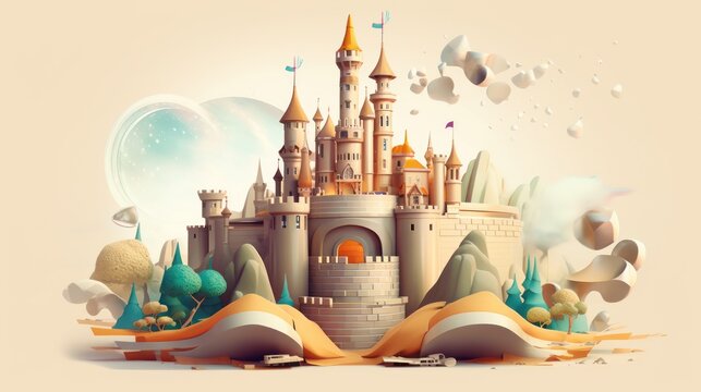 Medieval allure: an artful depiction of a castle with turrets against a retro background.