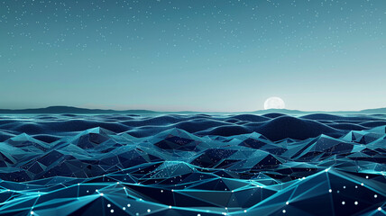 A tranquil abstract panorama with aqua dots and navy blue triangles interconnecting, reminiscent of a digital ocean with waves made of light and geometry, under a moonlit sky.