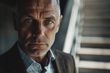 Naklejka premium A close up of a man 's face with a serious look on his face