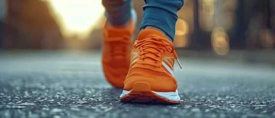 Sunset Stride: Runner's Bright Sneakers on the Move. Concept Running, Sunset, Bright, Sneakers, Motion