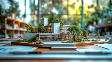 a model of a building sitting on top of a table next to a couple of books and a cup of coffee. - obrazy, fototapety, plakaty