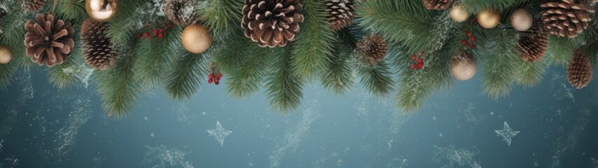 Spread the holiday spirit with a festive Christmas backdrop featuring fir branches and pine cones on a blue background.