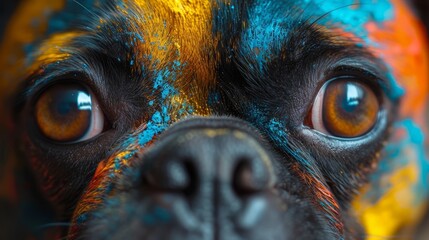 a close up of a dog's face with blue, yellow and orange paint on it's face.