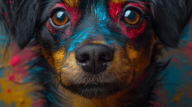 a close up of a dog's face with red, blue, and yellow paint on it's face.