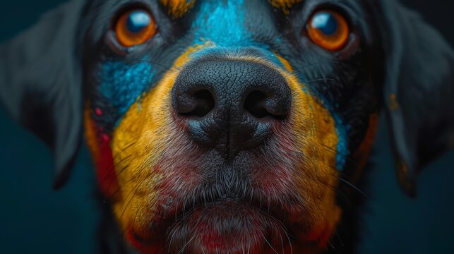 a close up of a dog's face with blue, yellow and red paint on it's face.