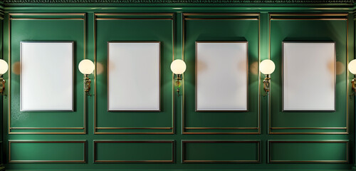 Four mockup art frames on a sophisticated emerald green wall, each frame offering a blank canvas. 