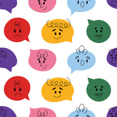 Speech bubble abstract comic faces with various Emotions seamless pattern. Different colorful characters. Cartoon style. Flat design. Hand drawn trendy Vector illustration isolated on background