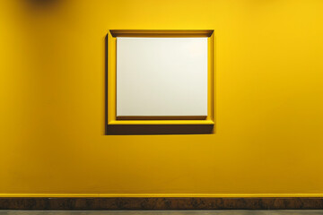 Inside an art gallery, a vibrant yellow wall serves as the backdrop for an empty, mustard yellow frame. 