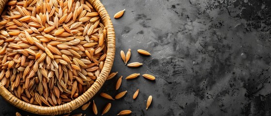  A basket brimming with brown rice and a mound of brown rice atop a dark table - obrazy, fototapety, plakaty