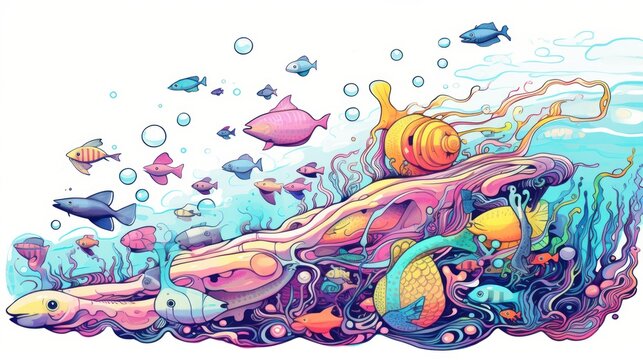 Witness the underwater magic in a surreal watercolor depiction of a multicolored octopus, surrounded by vibrant fish and the colorful life of the ocean.