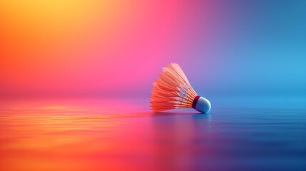 a red and orange brush floating on top of a blue body of water in front of a multicolored background.