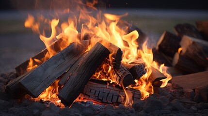 Embrace the warmth radiating from the fiery glow of burning firewood, as orange and red flames flicker, creating a comforting and inviting atmosphere.