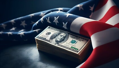 The image showcases a neat stack of US hundred-dollar bills set against an unfurled American flag, symbolizing the close relationship between American patriotism and economy.

 - obrazy, fototapety, plakaty