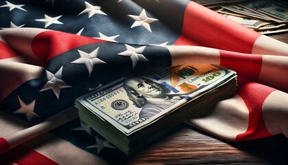 This image depicts a stack of US hundred-dollar bills resting on an American flag with visible stars and stripes, suggesting themes of American economy and patriotism.

