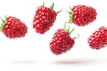 Ripe raspberries flying in the air on white background