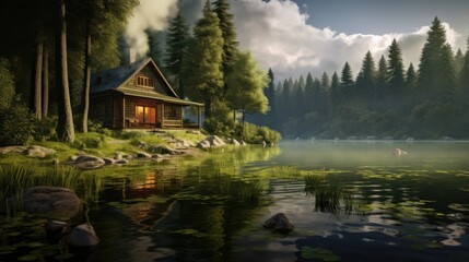 Scenic vacation spot: a cozy house by the water, surrounded by the tranquility of a lush green forest.