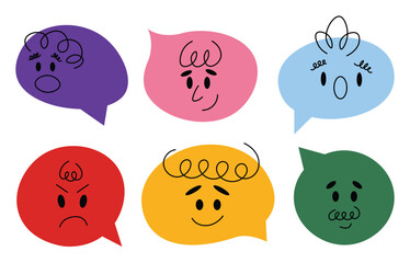 Speech bubble abstract comic faces with various Emotions. Crayon drawing style. Different colorful characters. Cartoon style. Flat design. Hand drawn trendy Vector illustration isolated on background