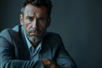 Obraz premium A man with a beard is wearing a grey suit