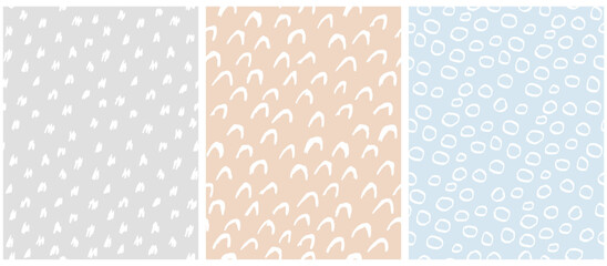 Abstract Hand Drawn Childish Patterns. White Spots, Circles and Arcs on a Gray, Beige and Pastel Blue Background. Modern Geometric Seamless Pattern. Irregular Freehand Print. Abstract Doodle Print. - 778450947