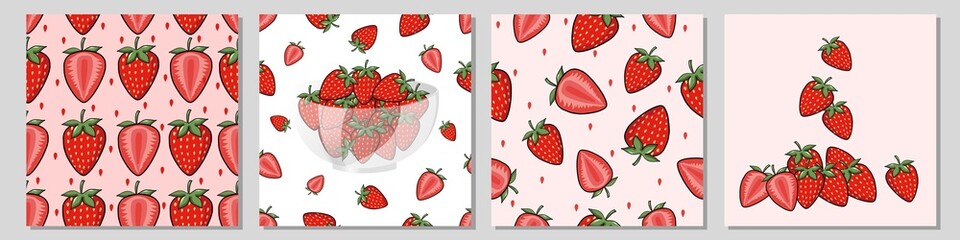 Vector Fresh Strawberries Seamless Pattern Backgrounds set design collection Seamless pattern of fresh strawberry background Berries Texture for  Fabric Textile Prints Wallpaper Card or Banner Website