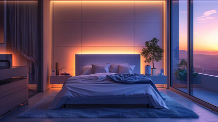 A minimalist bedroom with AI-managed lighting and temperature control for personalized comfort throughout the night.