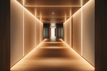 A minimalist hallway illuminated by AI-controlled lighting fixtures that adjust brightness and color temperature based on movement and time of day, creating a welcoming ambiance.