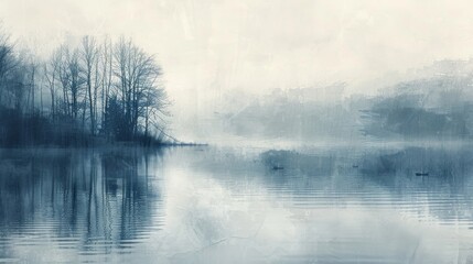 Abstract View of Gentle Rain on a Pastel Blue and Gray Lake.