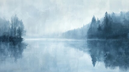 Abstract View of Gentle Rain on a Pastel Blue and Gray Lake.